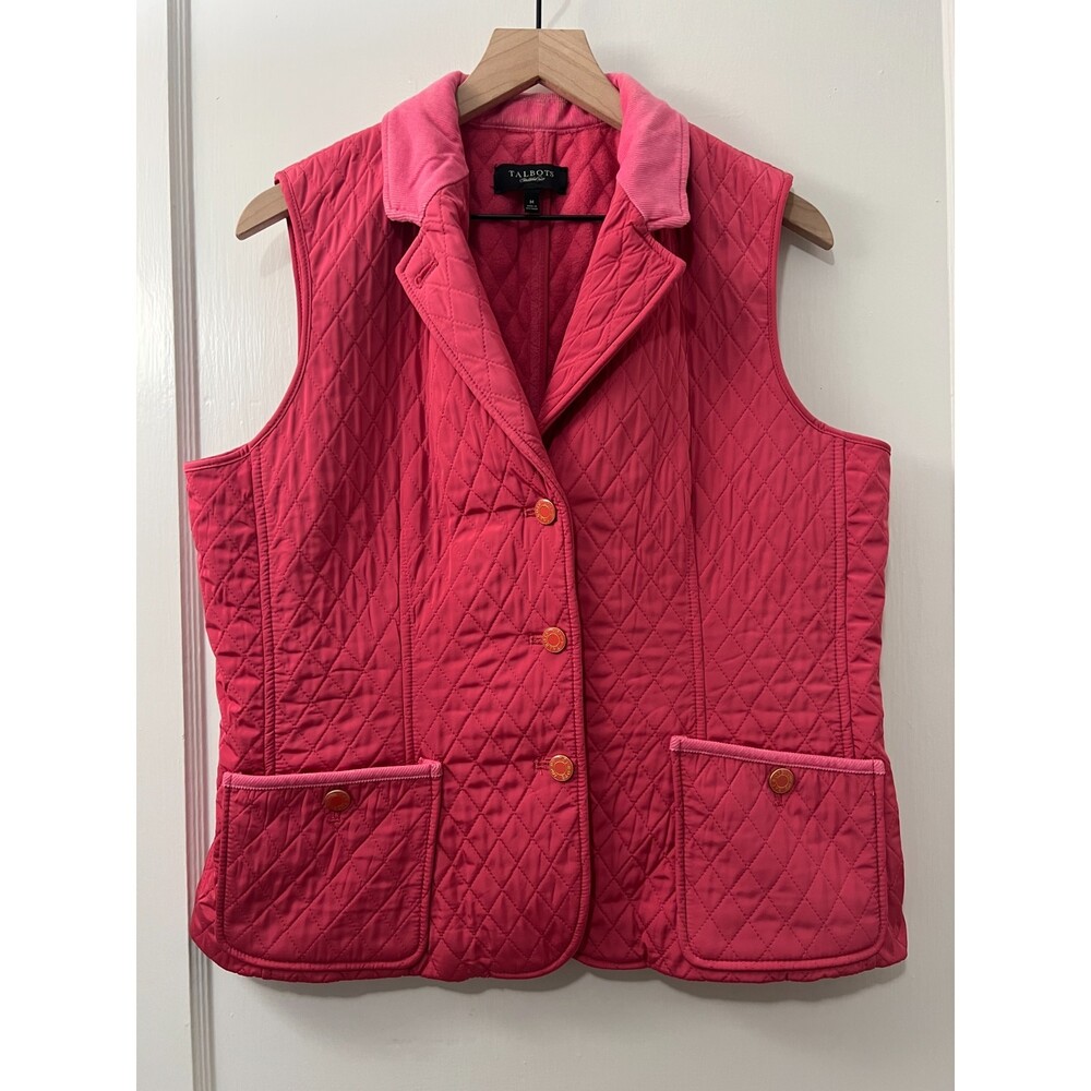 Talbots Women's Pink Quilted Polyester Button Up Vest Fleece Lined Size M